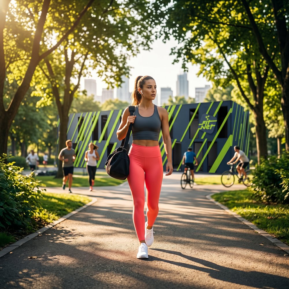 Mulher a caminhar num parque em frente a um edifício Fit Net Gyms com riscas diagonais verde-lima