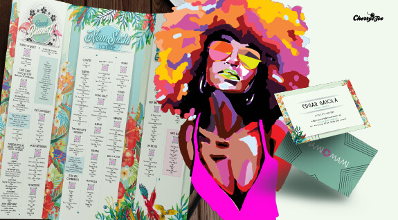 Menus tropicais, ilustração pop art de uma mulher com óculos de sol e cartão de visita Miami Mami