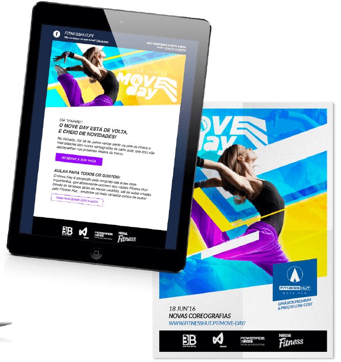 Tablet com newsletter e flyer do evento Move Day em azul e amarelo
