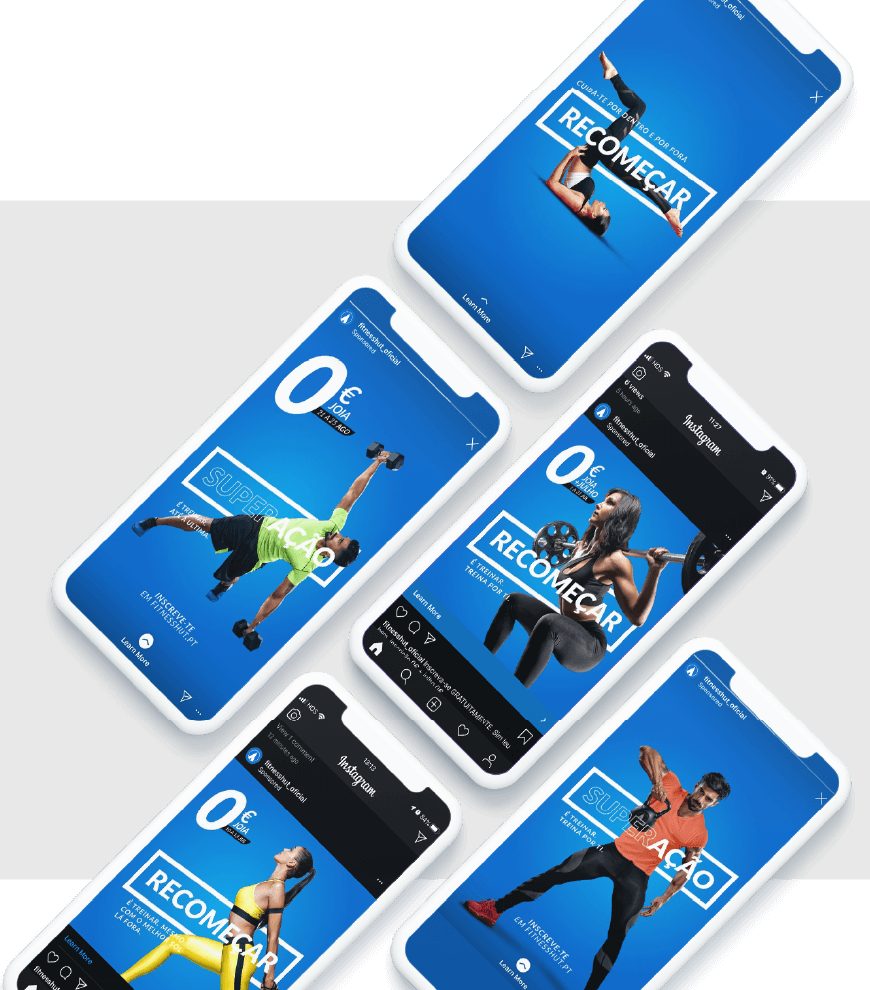 Telemóveis com stories azuis da campanha Recomeçar e Superação