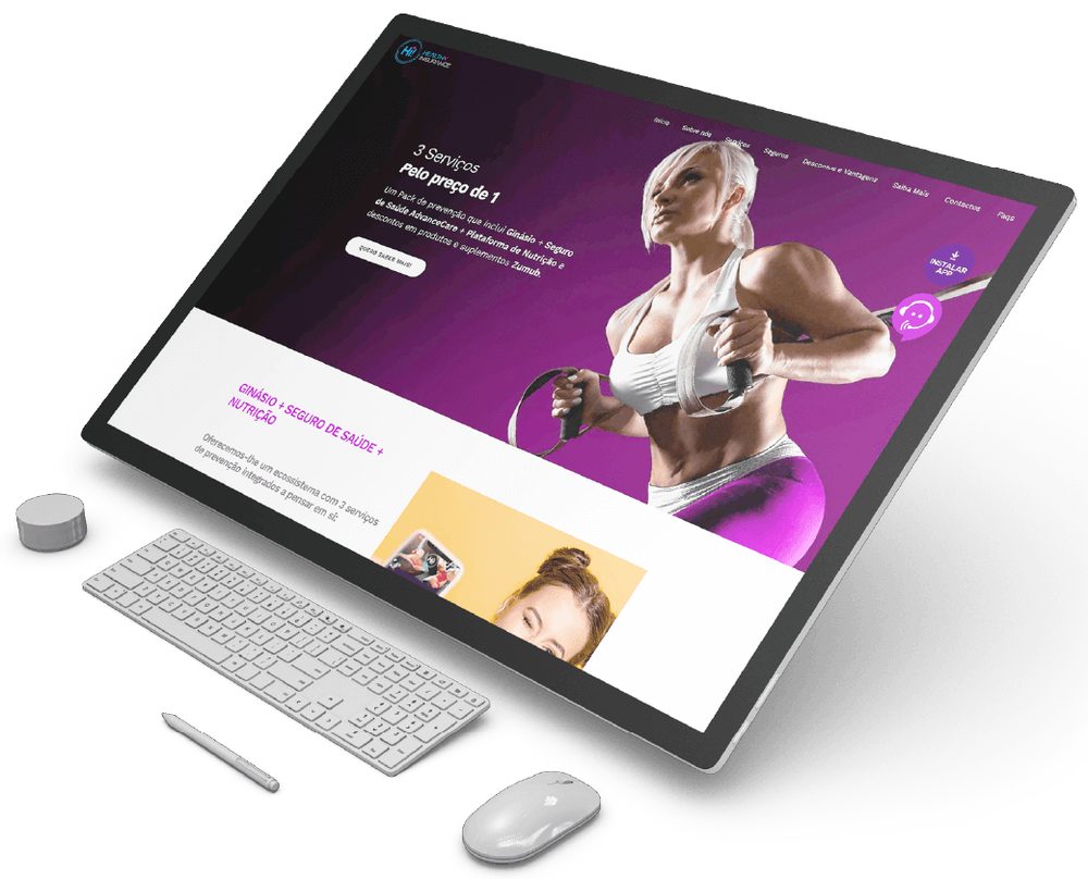 Site Hi! Healthy Insurance em ecrã, com hero roxo e atleta