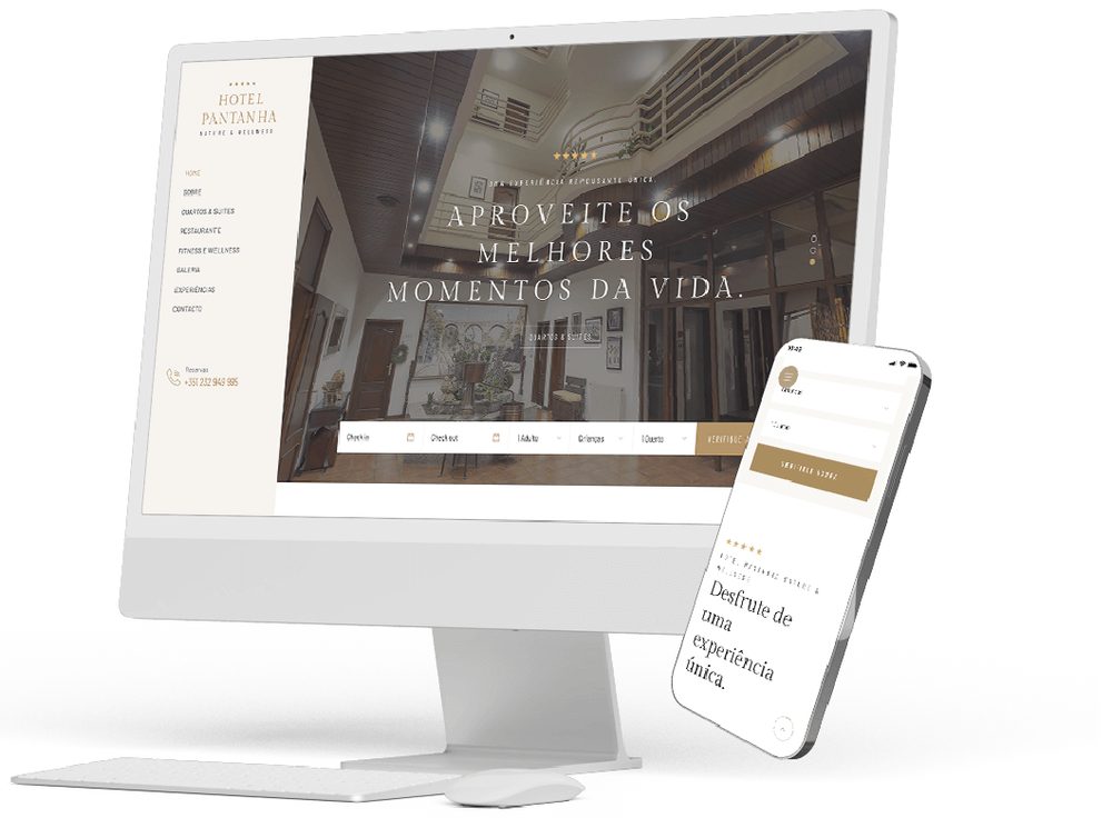 Site do Hotel Pantanha em iMac e telemóvel, com tipografia serifada dourada