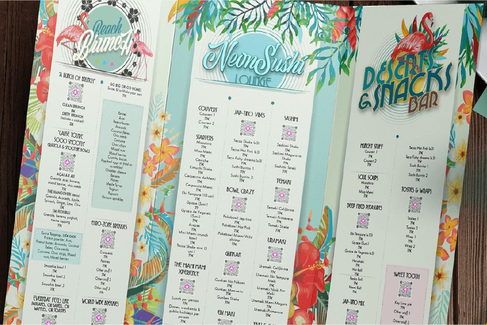 Menus tropicais do Miami Mami com flamingos e flores