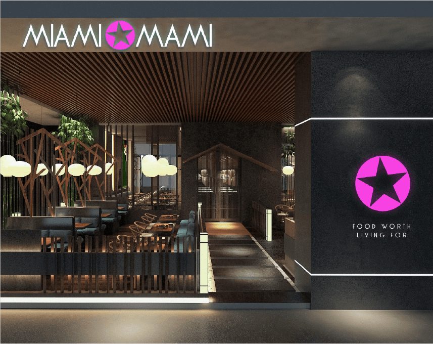 Fachada do restaurante Miami Mami com a estrela rosa iluminada