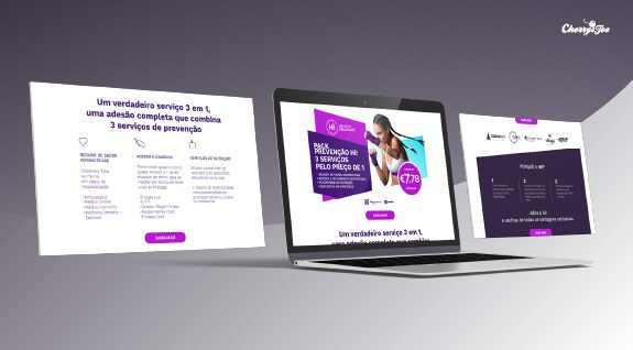 Website e landing pages Hi! Healthy Insurance em portátil e ecrãs